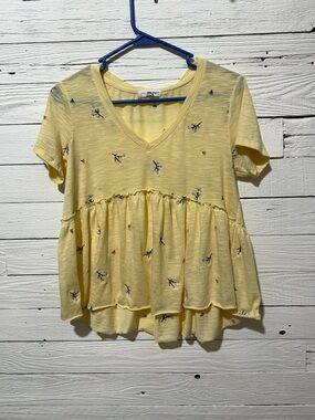 Yellow V-Neck Floral Babydoll Tunic Top